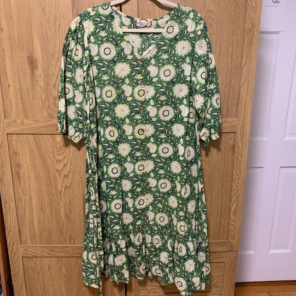 Janasya cotton v-neck a-line ruffled pleated midi maxi belted floral cotton L XL